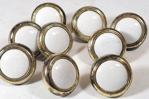 Lot 9 Vintage White Ceramic and Brass Plated Drawer Cabinet Knobs Pulls Cover