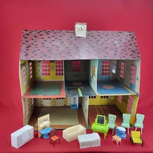 1948 Playsteel Dollhouse Tin Litho Colonial Doll House 2 Story w/ Furniture - Picture 1 of 15