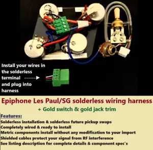 Cablaggio senza saldatura Epi Les Paul / SG + interruttore oro + bordo jack oro - Foto 1 di 2