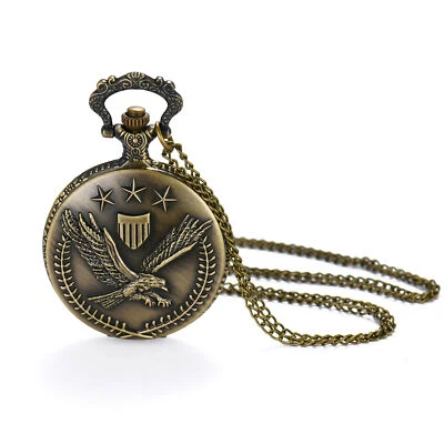 Antique Bronze Tone American Bald Eagle Hunter Quartz Pocket Watch Sweater Chain - Photo 1/4