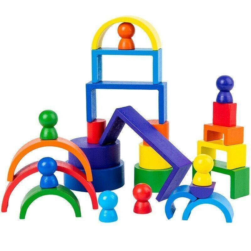 Wooden Rainbow Autism Stacking Blocks Baby Toddler Educational Montessori Toy