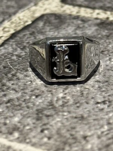 Vintage Onyx and Sterling Silver Men's Initial "L" Ring Size 8.75 - Picture 1 of 12