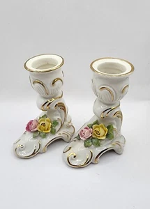 Vtg Pair of Dresden Germany Candlestick Candle Holder Pink Yellow Rose Gold Trim - Picture 1 of 8