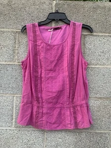 NWT Prana Peplum Lizzy Top Medium Dahlia Pink Eyelet Trim Organic Cotton Light - Picture 1 of 12