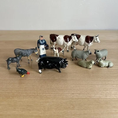 Juguete vintage de plomo, metal animales de granja 11 animales 1 mujer paquete Gran Bretaña Foto 1 de 4