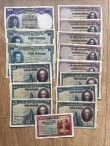 IBERMONEDA| España. 10,25, 100, 50 y 100ptas. x 14 billetes 1925-1935 MBC+ - Imagen 1 de 2