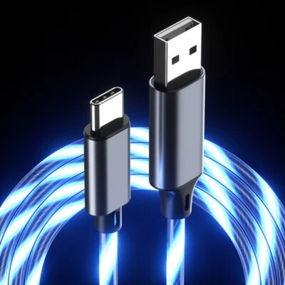 For Android Type C USB LED Light Flowing Charging Cable Blue/Red/Green/Colorful - Image 1 of 4