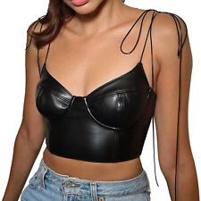 Womens Leather Slim Fit Crop Top Bustier Lace Up Straps Tank Top Camisole Corset