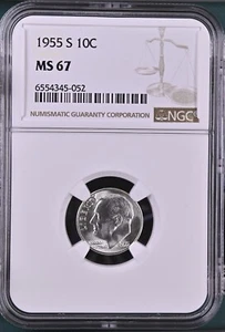 Moneda de diez centavos Roosevelt 1955-S 10C NGC MS67 6554345-052 - Imagen 1 de 2
