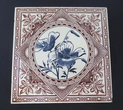 Antique 1880's Aesthetic Movement Transferware 6" Tile Craven Dunnill & Co Poppy - Image 1 of 4