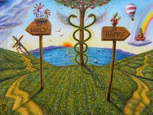 Joseph KALIHER (Texas 1970) CHOOSE SIDES - BE HOLY or BE HAPPY OLIO TELA 30x40 - Foto 1 di 12