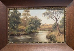 ACEITE COLONIAL AUSTRALIANO "RÍO YARRA SUPERIOR CERCA DE MELBOURNE" MARCO DE ROBLE C 1900 - Imagen 1 de 8