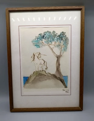 Wandbild Einhorns neben einem Baum Kunstwerk, Kunstdruck sig. Vivi 10-80 Paris - Bild 1 von 4