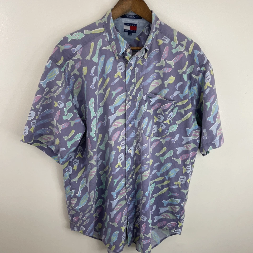 Camisa de Colección Tommy Hilfiger Mezcla de Lino Para Hombre Grande Púrpura Pez Manga Corta * Foto 1 de 4