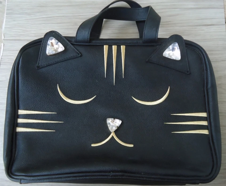 Betsey Johnson Black Kitty Cat Cosmetic Travel Bag Rhinestone Ear Nose Gold Face - Image 1 of 4