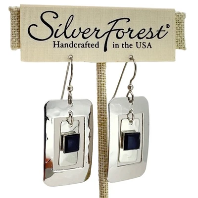 Silver Forest Earrings Black Quartz Dangle Rectangular Handcrafted USA - Image 1 of 2