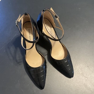 Antonio Melani Negro Cocodrilo Repujado 3.5” Bloque Tacón Correa de Tobillo Punta Talla 9 Foto 1 de 4
