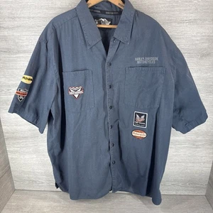 Camicia Vintage Harley Davidson XXL Blu Patch Racing Biker Ricamo Lavoro Meccanico - Foto 1 di 14