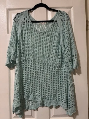 Top de ganchillo Simply Noelle para mujer talla L/XL tejido abierto manga 3/4 azul usado Foto 1 de 4