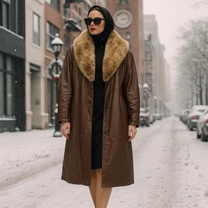 Terry Lewis Thinsulate Fill Faux Leather and Fur Long Penny Lane Y2K Trench Coat - Picture 1 of 16