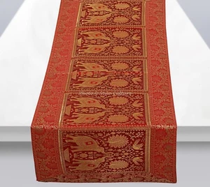 Indian Decorative Table Runner Wedding Linen Tablecloth Brocade Elephant Red - Picture 1 of 5