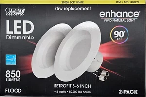 Feit Electric 75W Bulb, LED 2 Count, Retrofit 5-6 Inch - Soft White 2700k - Picture 1 of 3
