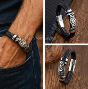 Viking Valknut Leather Bracelet for Men Norse Rune Braided Wristband Jewelry - Picture 1 of 7