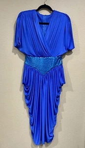 TADASHI SHOJI Women’s Blue Ruched DRESS Sz 6 Cocktail Party Peplum Vintage - Picture 1 of 7