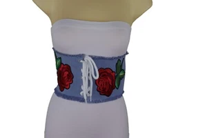 Women High Waist \Wide Light Blue Denim Fabric Corset Belt Red Rose Flower Fit S - Picture 1 of 12
