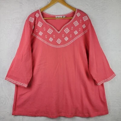 Denim Co Top Mujer 3X Bordado Cuello en V Pullover Manga 3/4 Rosa Blanco Túnica  Foto 1 de 4