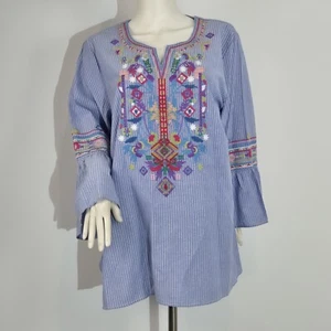Calessa Women's Blouse Tunic Size XL Embroidered Striped 3/4 Sleeve Boho Blue 27 - Picture 1 of 12