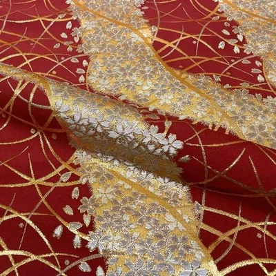 Kyoto Nishijin Brocade kimono obi Fabric 20in Sakura Dew Red Craft - Image 1 of 4