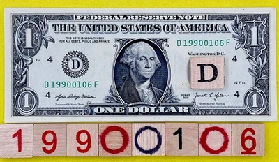 UNC 1990 January 6 Birthday Date Note Fancy Serial Number $1 Dollar Bill 0s 1s - Image 1 of 4