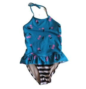 Girls Tea Collection Peplum One Piece Swim Suit Tossed Cherries Blue Size 7 - Picture 1 of 5
