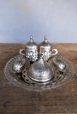 Turkish Coffee Cup Set on Crystal Tray w. Sugar Bowl and Turkish Delight plates - Image 1 of 4