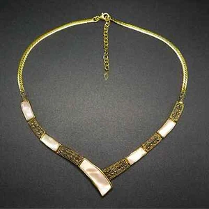 14k Gold Plated Brass Marcasite Necklace with Pink Mother of Pearl (MOP) - Picture 1 of 4