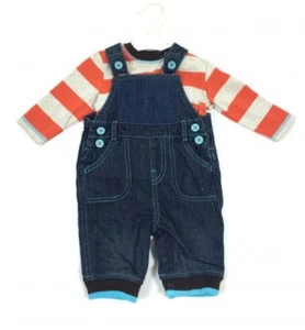 Ex F & F Baby Boys Navy Denim Dungarees & Stripe Top Outfit Set 3 6 9 12 18 24 - Picture 1 of 4