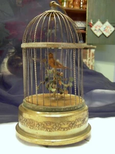 Antique FRENCH MECHANICAL AUTOMATED BIRD MUSIC BOX Brass Cage Singing Bird c1900 - Picture 1 of 10