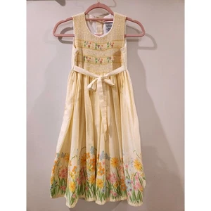 Emily West Girls Smocked Dress Size 10 Spring Easter Yellow Striped Floral - Picture 1 of 6