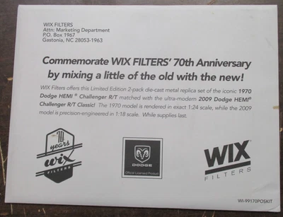 WIX FILTERS 1970 2009 DODGE CHALLENGER R/T 426 HEMI DIE CAST AD MATERIAL POSTER - Image 1 of 4
