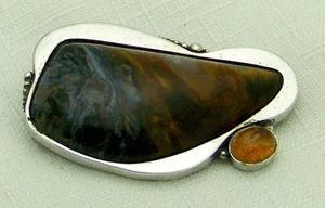 ENCHANTING VINTAGE ESTATE AMBER STERLING SILVER BROOCH PIN, 2" - Picture 1 of 5