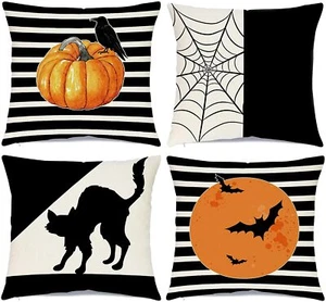 Halloween Throw Pillow Cover Set of 4 18 x 18 Black Cat Spider Web Moon Pumpkin - Picture 1 of 5