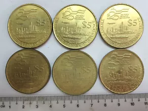 6 Singapore $5 Five dollars coins 1990, 25th independence commemorative, UNC - Picture 1 of 6