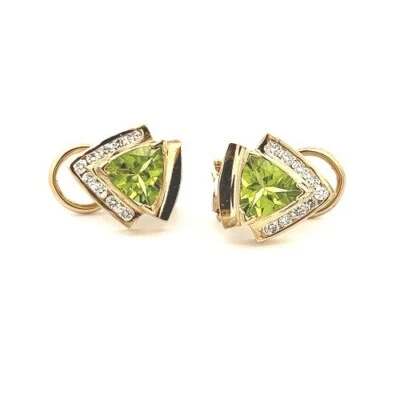 Natural  Peridot Trillion Diamond  .54tcw 14k yellow gold omega post earring NEW - Image 1 of 4
