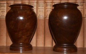 TWO a PAIR Vintage Hand Turned Burl WOOD VASE PLANTERS w/ Metal Inserts 7" x 5" - Picture 1 of 4