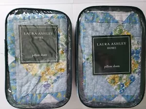New 2 Laura Ashley Grace Gingham Floral Patchwork Cottage Core Pillow Shams Blue - Picture 1 of 8