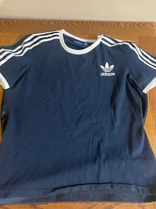 Men’s Adidas Heavy Blue Tshirt Wht Stripes Size M - Picture 1 of 10