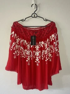 NWT Curations Red Over The Shoulder Top Embroidery Size Small - Picture 1 of 9