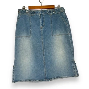 Vintage womens midi skirt 90s denim Size 8 Y2k Riveted Gothic Belt - Picture 1 of 10
