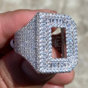 925 Sterling Silver Initial Block Letters Iced Baguette Flooded Out CZ Ring A-Z - Picture 1 of 256